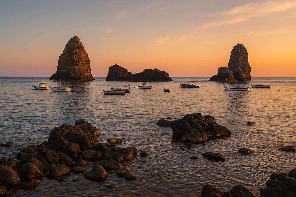 A view of the Faraglioni sea stacks in Acitrezza at sunset, with boats and lava rocks in the foreground
