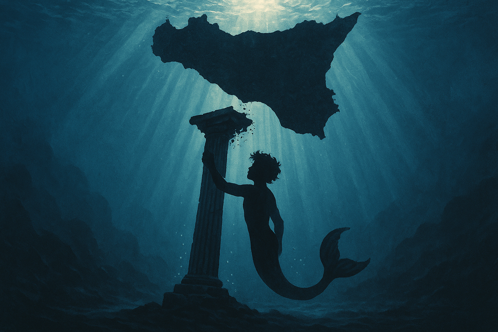 An underwater silhouette of a boy holding a crumbling pillar beneath Sicily, with rays of sunlight filtering through the sea above