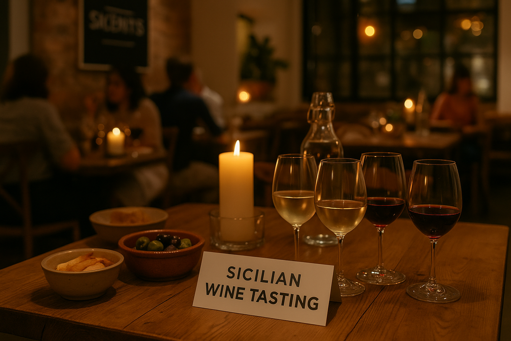 A Sicilian wine tasting table set up with glasses, olives, and candlelight at Sicilian NQ in Manchester