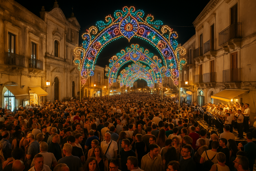 Nighttime Sicilian village festival with colorful lights, crowd, and live music