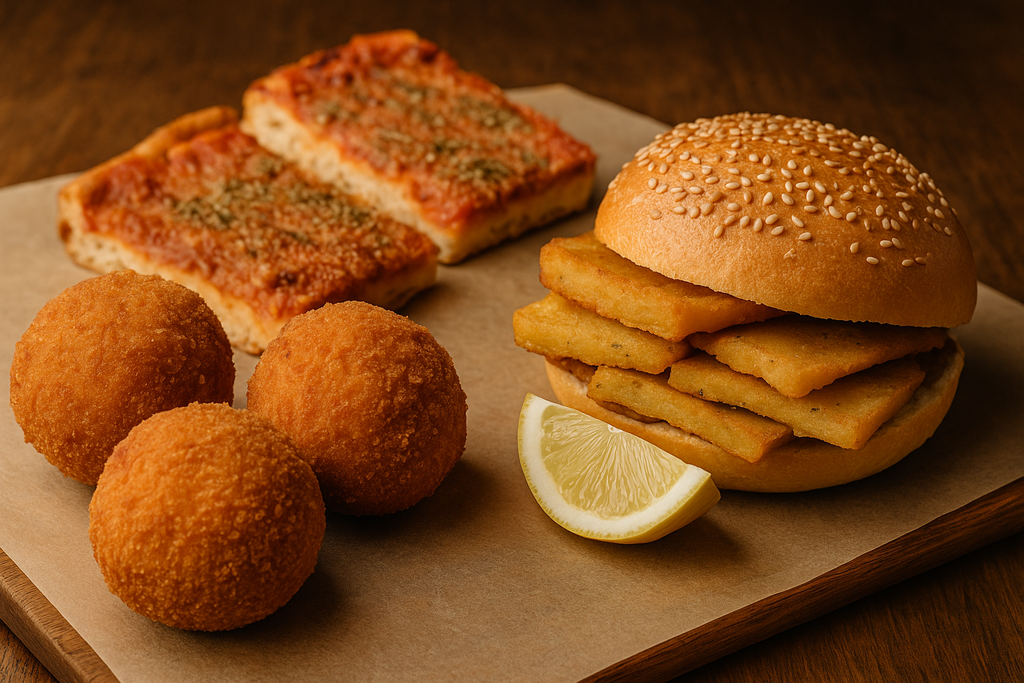 A rustic spread of arancini, panelle sandwiches, and sfincione slices on a wooden table, bathed in warm light.