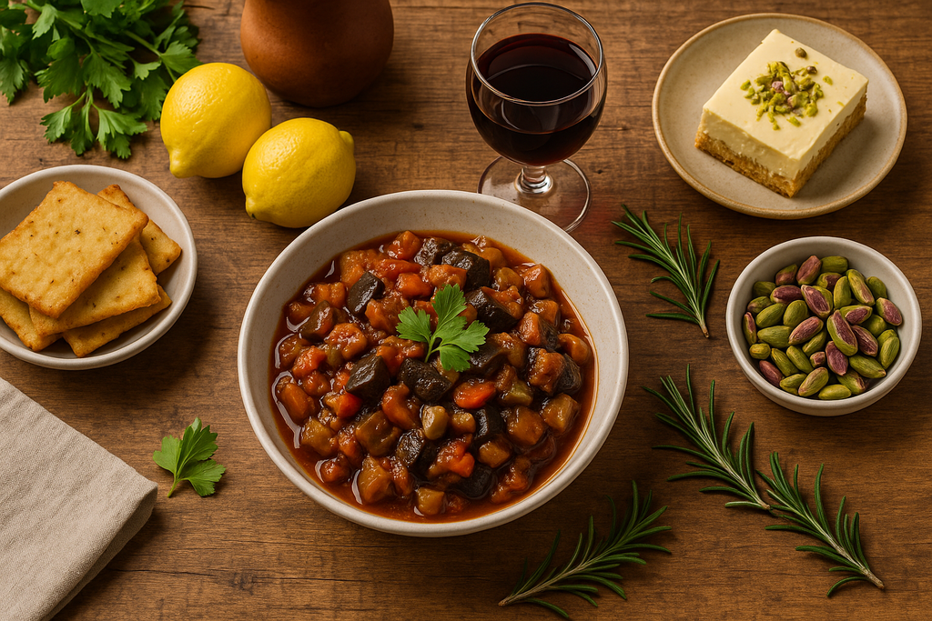 A rustic Mediterranean meal with caponata, panelle, and wine, surrounded by fresh herbs and lemons