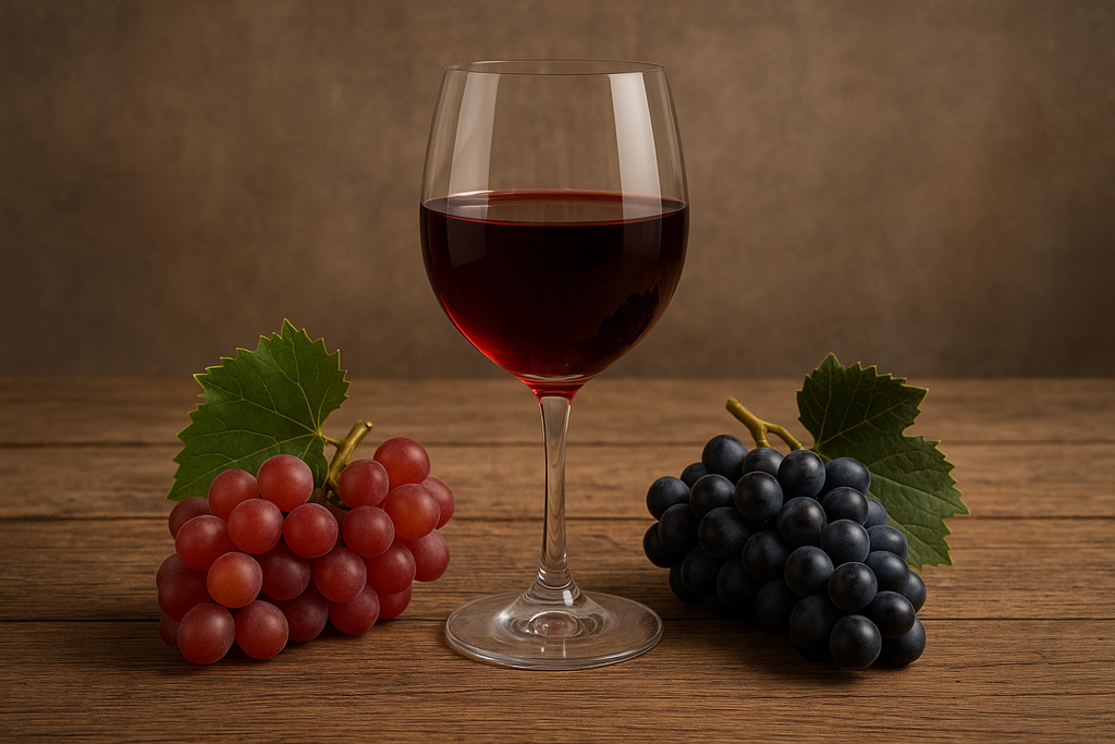 A glass of red wine on a rustic table, surrounded by bunches of Frappato and Nero d’Avola grapes, symbolizing Sicilian terroir